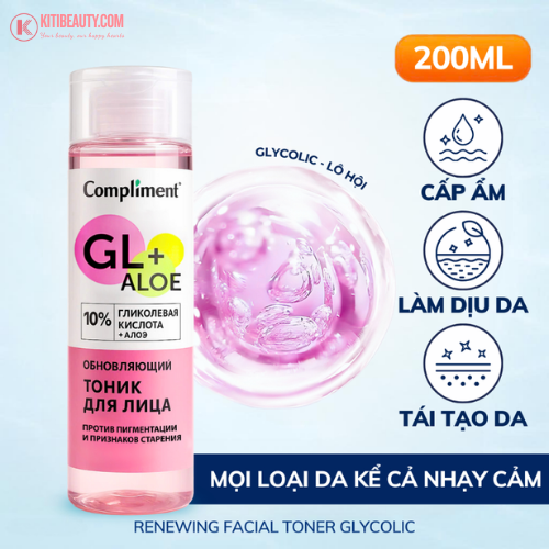Toner Compliment 10% Glycolic Acid & Aloe Cấp Nước, Dưỡng Ẩm Làm Da Căng Bóng, Sáng Mịn 200ml